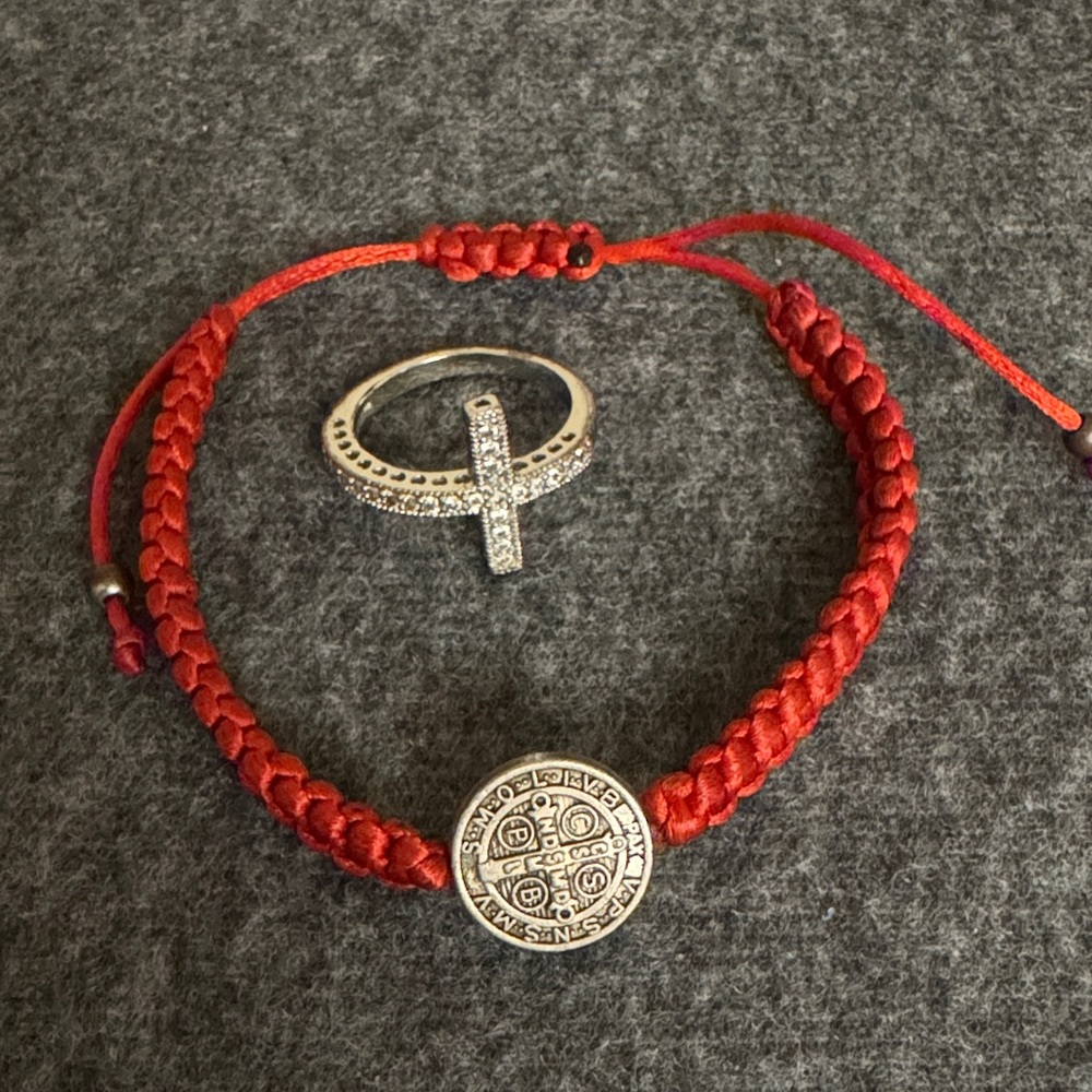 Red Braided Bracelet with Silver-Tone St Benedict Medallion and Cross Ring